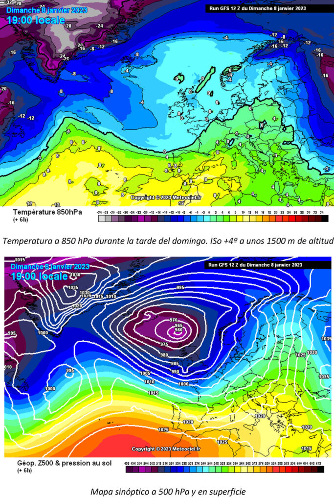 A últimas horas del sábado 7, entro en la zona una borrasca atlántica con vientos en superficie del W y SW, con diferentes frentes asociados que dejaron registros de precipitación elevados. Se superaron los 100 mm de precipitación en la vertiente S del pirineo occidental, por ejemplo en las estaciones meteorológicas de Hecho y Lizara, y se llegaron a 70 mm en Canfranc.