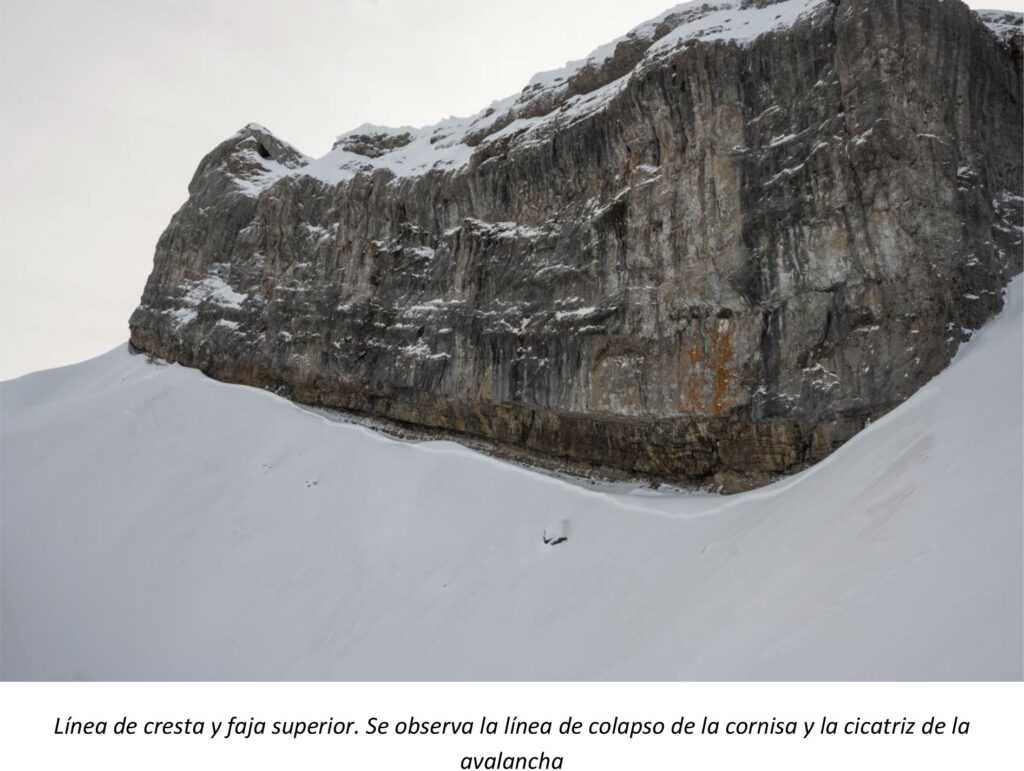 El impacto de la cornisa en la faja superior de la muralla, creo una sobrecarga en el manto que propagó unos 210 o 230 metros. El manto de nieve era claramente desfavorable, con una estructura de costra en la base, una pequeña capa de cristales incohesivos encima y unos 50 cm de nieve inversa en superficie.